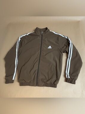 adidas Brown Bomber Jacket with White Stripes and Stitched Logo Across Back